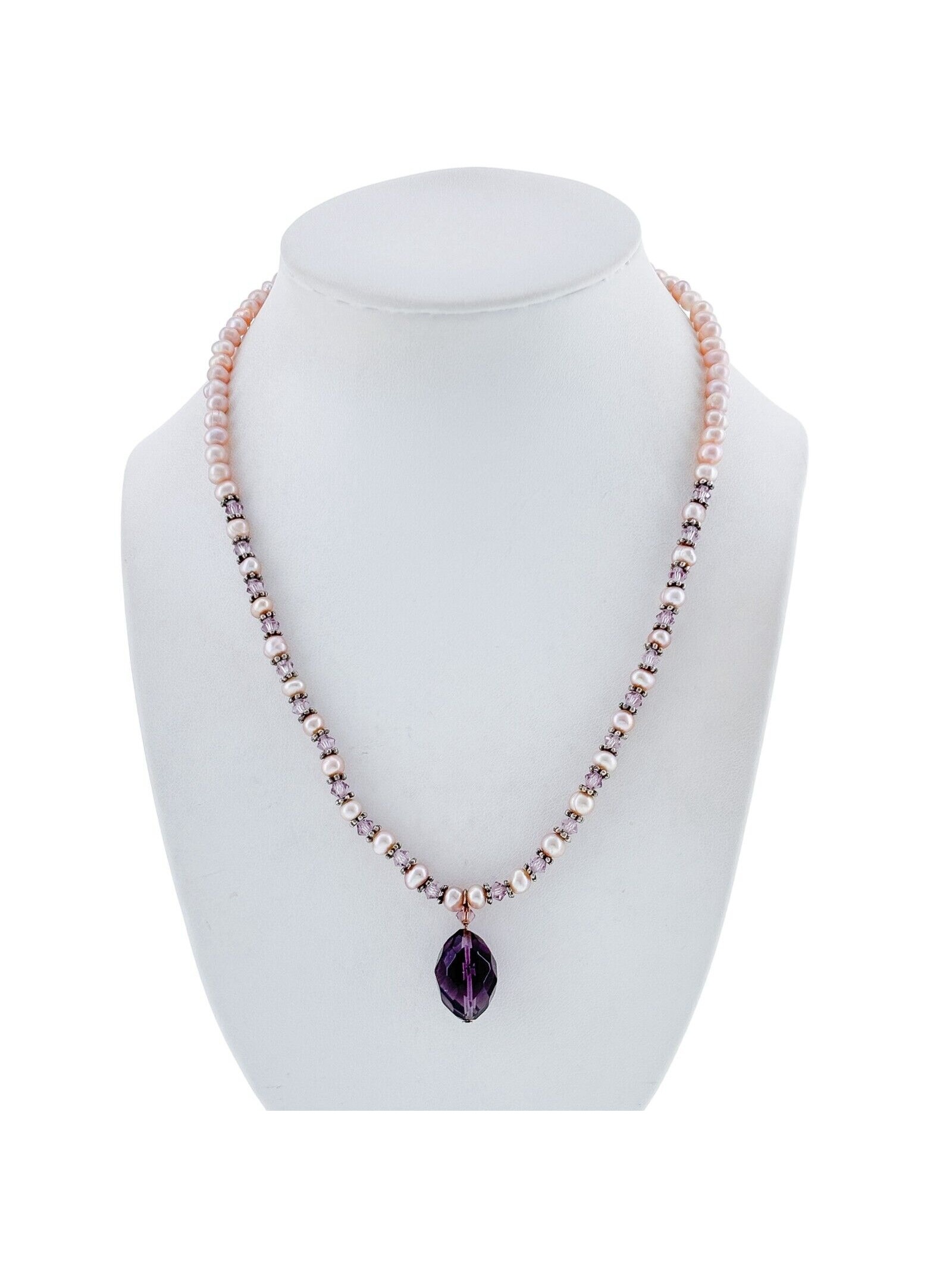 Vintage Sterling Silver 925 Amethyst Pink Pearl Necklace 16"-18"